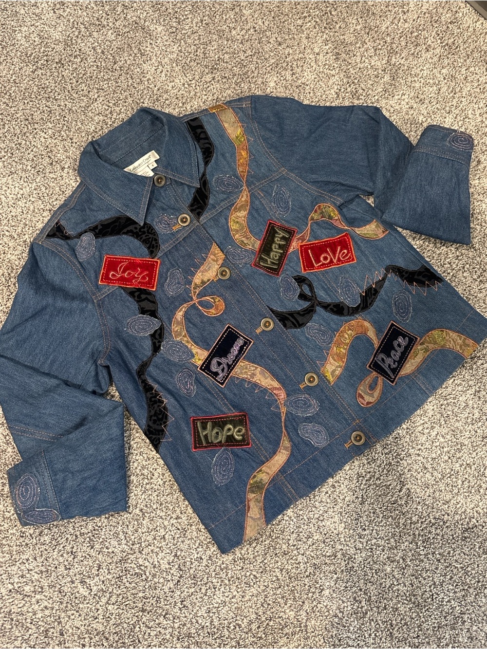 Coldwater Creek Embroidered Blue Denim Jacket with Colorful Patchwork